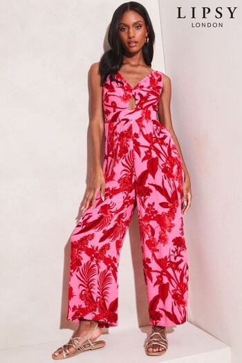 Lipsy Pink Petite Printed Sleeveless Knotted V Neck Wide Leg Jumpsuit (K53638) | £45