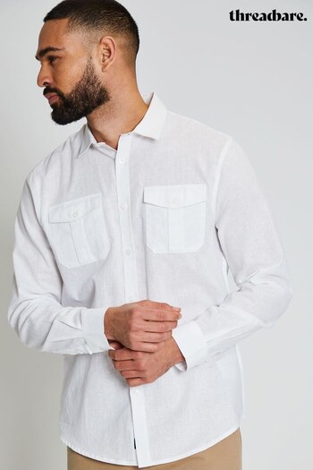Threadbare White Linen Blend Long Sleeve Shirt With Chest Pockets (K53724) | £28