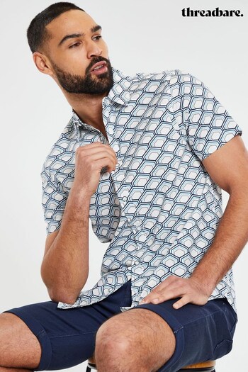 Threadbare White & Blue Geometric Print Short Sleeve Pineapple Print Cotton Shirt (K53736) | £22