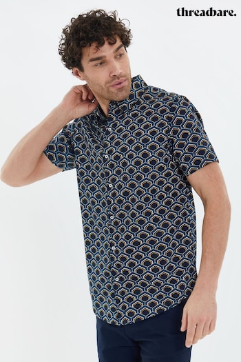 Threadbare Navy Blue & Mustard Geometric Print Short Sleeve Pineapple Print Cotton Shirt (K53738) | £22