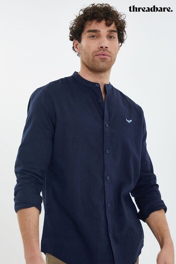 Threadbare Navy Blue Linen Blend Long Sleeve Grandad Collar Shirt (K53746) | £25