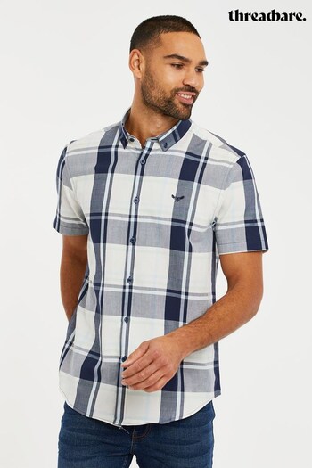 Threadbare White & Navy Blue Check Short Sleeve Pineapple Print Cotton Shirt (K53751) | £20