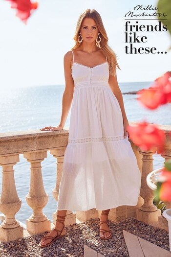 Younger Girls 3mths-7yrs White 100% Cotton Dobby Strappy Button Midi Dress (K53767) | £49
