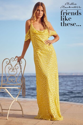 Trending: Bouclé & Borg Yellow Foil Glitter Cold Shoulder Maxi Dress (K53771) | £68