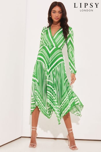 Lipsy Green stripe Petite Long Sleeve Pleated Wrap Midi Dress (K53811) | £74