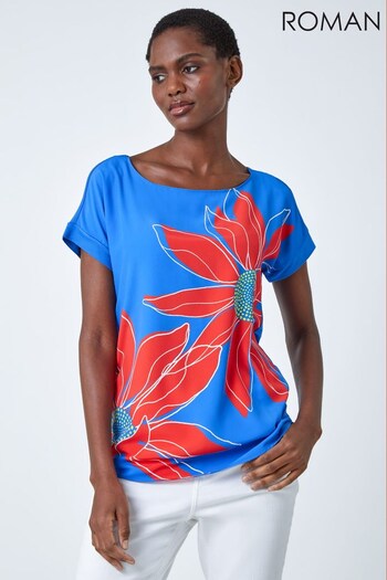 Roman Orange & Blue Oversized Floral Print T-Shirt (K53939) | £26