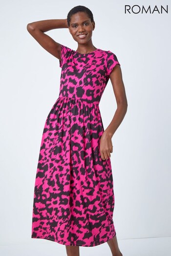 Roman Pink & Black Abstract Print Gathered Skirt Midi Dress (K53961) | £36