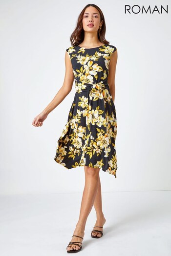 Roman Yellow & Black Textured Floral Print Tie Dress (K53973) | £40