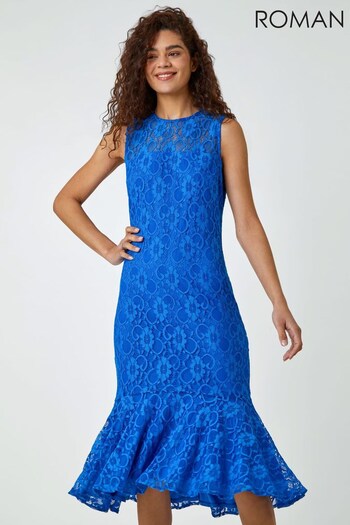 Roman Blue Sleeveless Frill Hem Lace Midi Dress (K54021) | £50