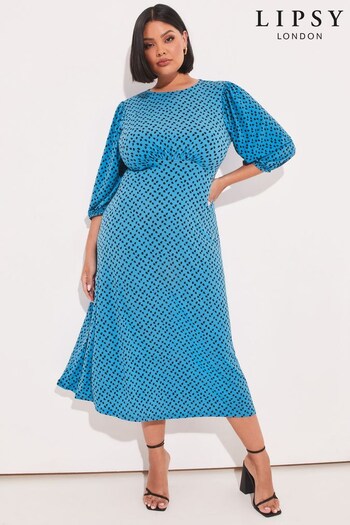Lipsy Cyan Spot Curve Jersey Puff Short Sleeve Underbust Summer Midi Dress (K54038) | £46
