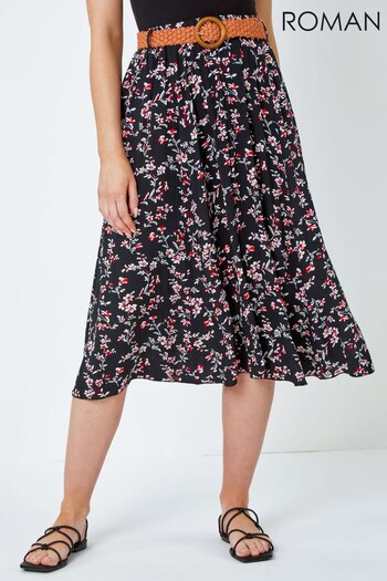 Roman Black Multi Floral Print Belted Midi Skirt (K54046) | £35