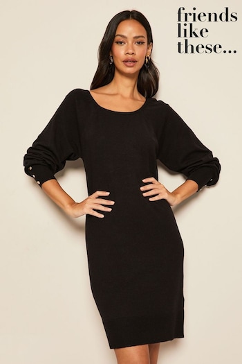 Friends Like These Black Petite Button Cuff Knitted Scoop Neck Jumper Dress (K54095) | £36