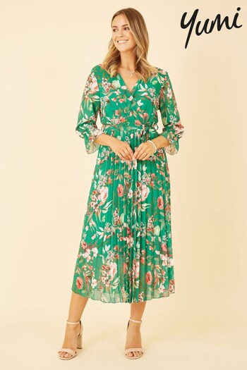 Yumi Green Floral Print Midi Wrap Dress With Pleated Skirt (K54214) | £68