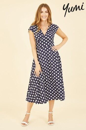Yumi Blue & White Spot Print Kimono Sleeve Midi Dress (K54217) | £65