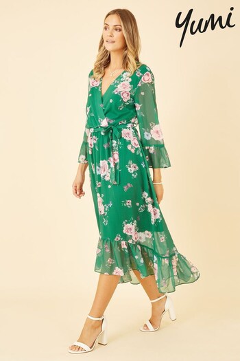 Yumi Green Multi Floral Wrap Dress With Dipped Hem (K54220) | £68