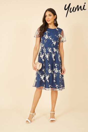 Yumi Blue Multi Embroidered Floral Skater Dress (K54224) | £75