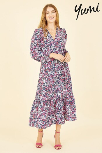 Yumi Pink Multi Daisy Print Wrap Midi Dress With Long Sleeves (K54225) | £75