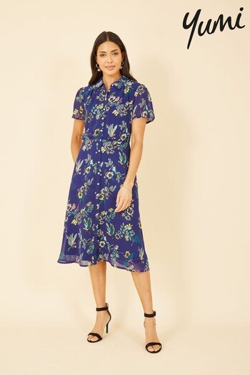 Yumi Blue Multi Bird Print Midi Shirt Dress (K54231) | £60