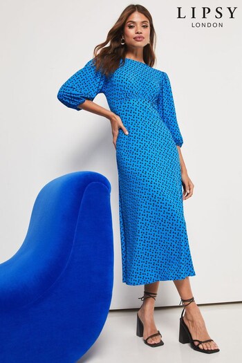 Lipsy Cyan Blue Spot Petite Jersey Puff Short Sleeve Underbust Summer Midi Dress (K54237) | £29