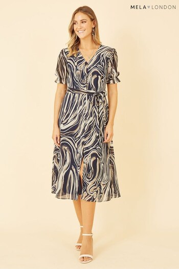 Mela Blue Multi Swirl Print Midi Tea Dress With Split Hem (K54241) | £50