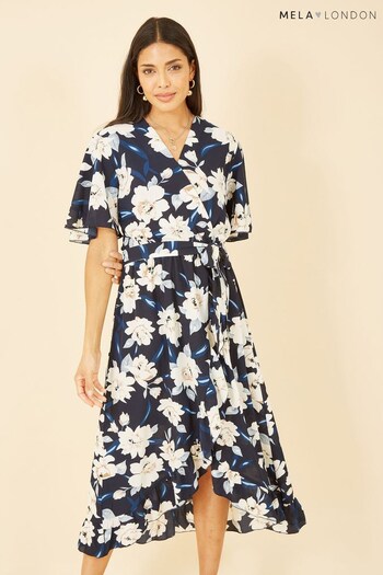 Mela Blue Floral Print Midi Wrap Dress (K54246) | £55