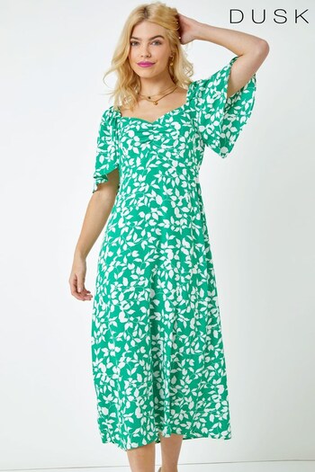 Dusk Green Floral Print Ruched Midi Dress (K54283) | £55