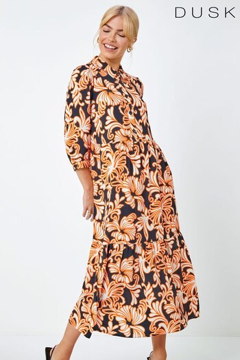 Dusk Black Multi Floral Print Tiered Midi Shirt Dress (K54289) | £60