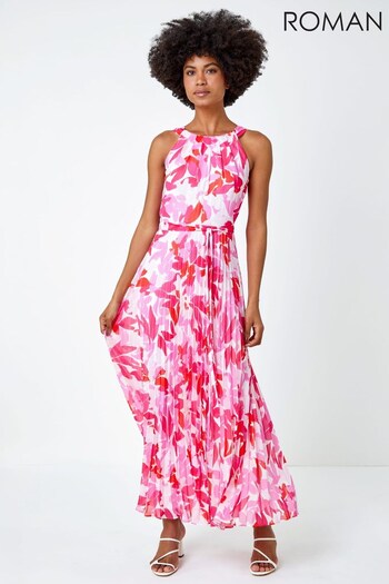 Roman Pink & White Floral Print Pleated Maxi Dress (K54309) | £70