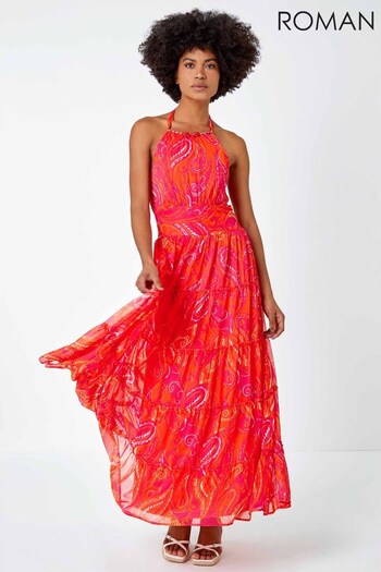 Roman Orange Pink & Red Paisley Print Halter Neck Maxi Dress (K54311) | £65