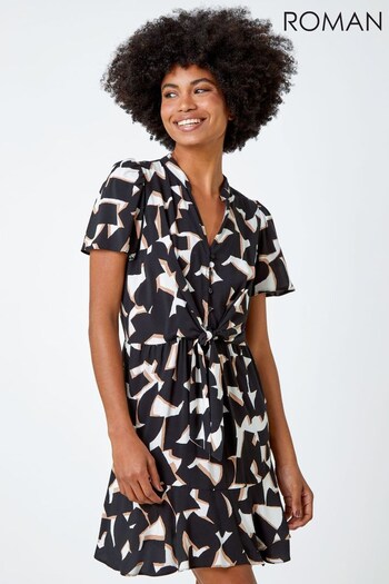 Roman Black & White Geometric Print Frill Hem Dress (K54312) | £38