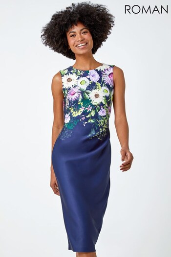 Roman Blue Multi Floral Border Print Stretch Shift Dress (K54316) | £50