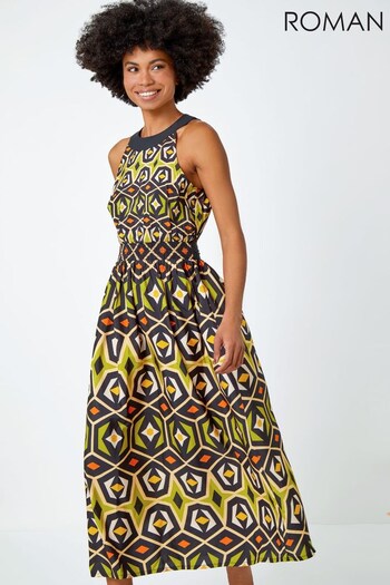 Roman Yellow & Black Multi Geometric Print Halter Neck Maxi Dress (K54327) | £45