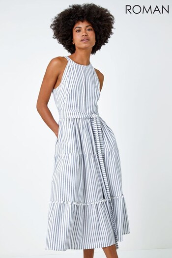 Roman Blue & White Tiered Cotton Halter Neck Stripe Dress (K54337) | £50