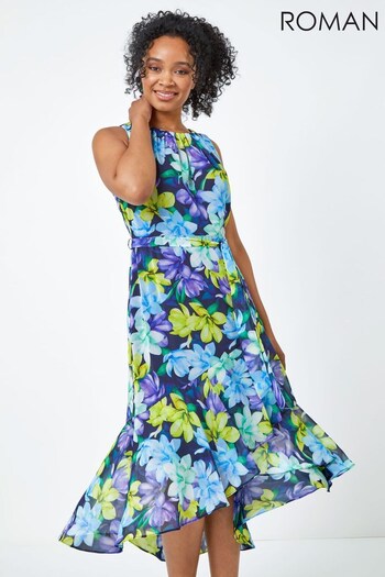 Roman Blue Multi Petite Sleeveless Floral Midi Dress (K54350) | £55