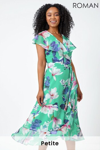 Roman Green Petite Floral Frill Hem Chiffon Dress (K54364) | £55