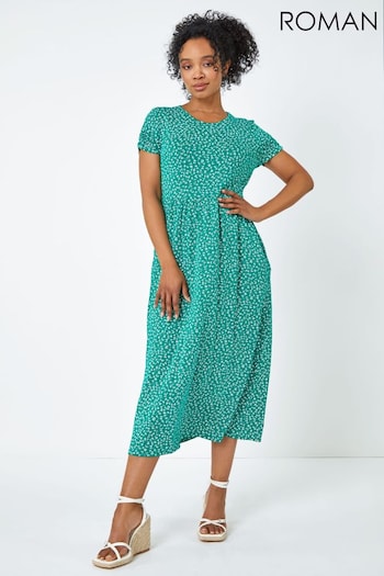 Roman Green Petite Floral Print Midi Dress (K54374) | £36