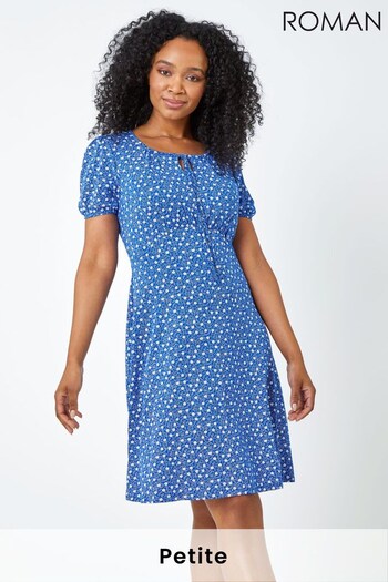 Roman Blue Petite Ditsy Floral Tie Neck Dress (K54375) | £36