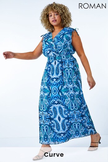 Roman Blue Curve Stretch Waist Midi Dress (K54378) | £55