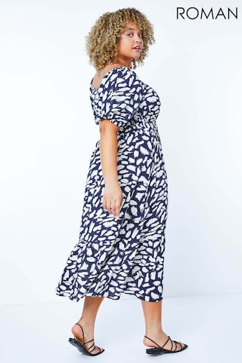 Roman Blue & White Curve Stretch Waist Midi Dress (K54380) | £45