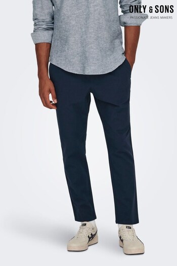 Only & Sons Navy Blue Tie Waist Linen Trousers (K54399) | £40