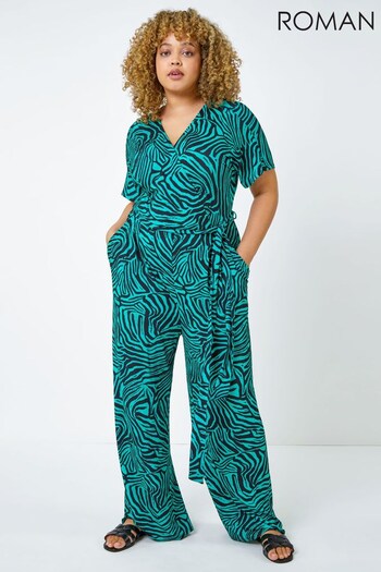 Roman Green & Black Curve Animal Print Jersey Jumpsuit (K54424) | £45