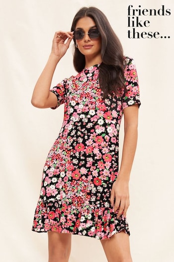Tops & T-shirts Pink Floral Print Short Sleeve Ruffle Hem Jersey Mini Dress (K54450) | £30