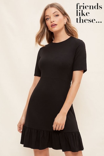 Friends Like These Jet Black Print Short Sleeve Ruffle Hem Jersey Mini Dress (K54453) | £29