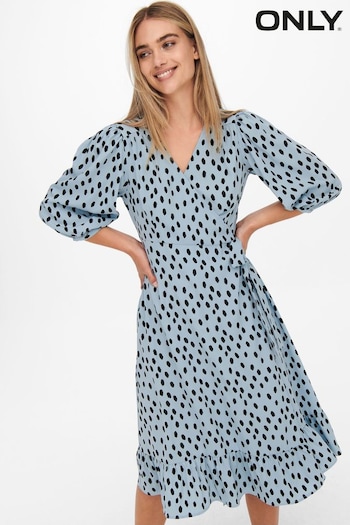 ONLY Blue Polka Dot Long Sleeve Wrap Midi Dress (K54479) | £25