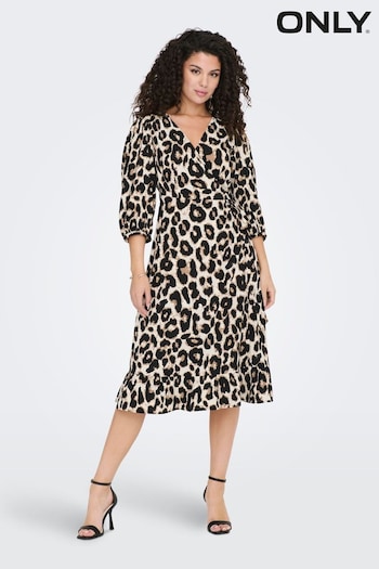 ONLY Leopard Print Long Sleeve Wrap Midi Dress (K54480) | £25