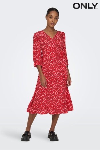 ONLY Red Ditsy Floral Long Sleeve Wrap Midi Dress (K54481) | £25