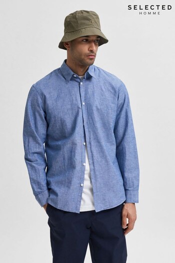 Selected Homme Denim Blue Long Sleeve Button Up Shirt Contains Linen (K54584) | £45