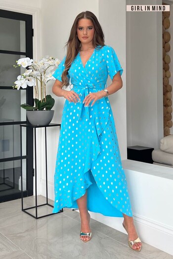Girl In Mind Cyan Blue Metallic Spot Petite Farren Wrap Maxi Dress (K54600) | £44