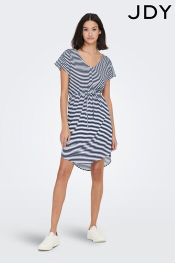 JDY Navy Blue & White Stripes V Neck Short Sleeve Curved Hem Mini Dress (K54604) | £26