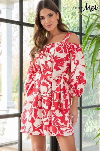 Pour Moi Red Amelie Cotton Poplin Long Sleeve Cold Shoulder Dress Classic (K54617) | £22